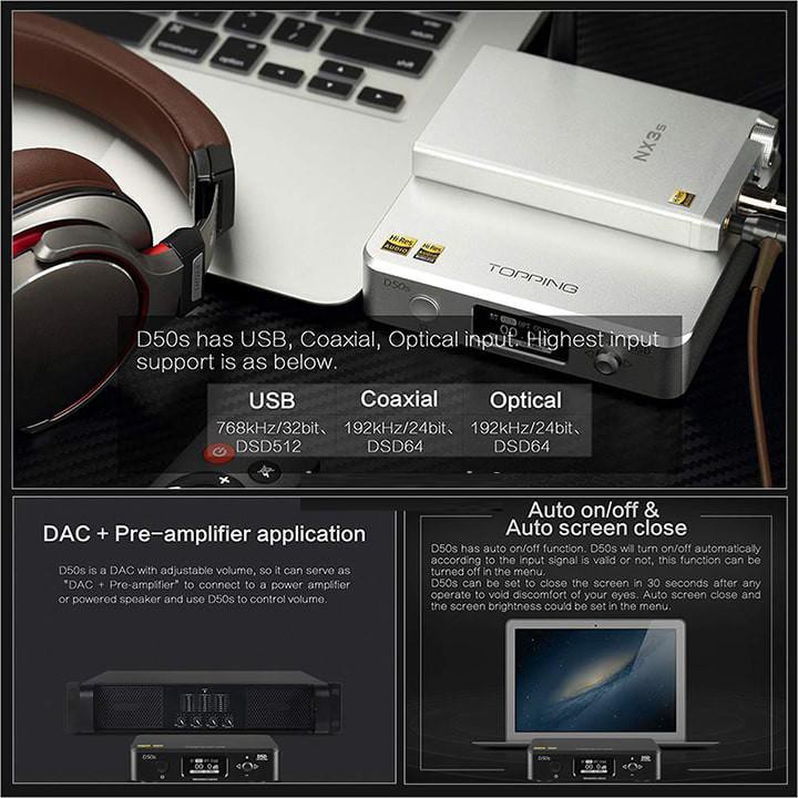 BỘ GIẢI MÃ DAC NGHE NHẠC DSD512 LOSSLESS 32BIT BLUETOOTH 5.0 TOPPING D50S CAO CẤP