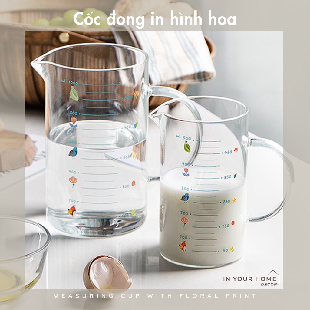 Cốc đong thủy tinh 1L làm bánh chia vạch, ly đong thủy tinh thí nghiệm 500ml 1L