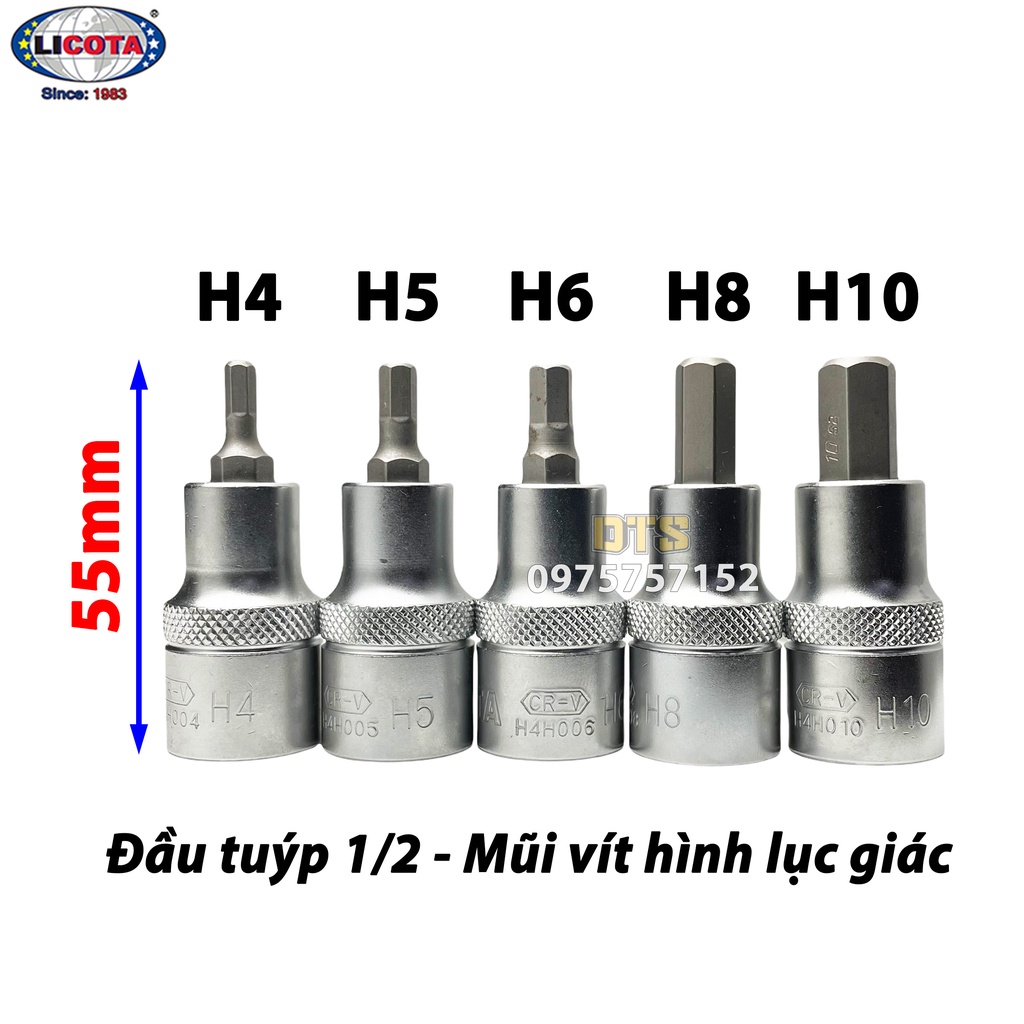 Bộ 5 đầu khẩu 1/2 ra đầu lục giác Licota, đầu tuýp lục giác thép S2 siêu cứng 4-10mm, đầu khẩu lục giác 1/2 inch cao cấp