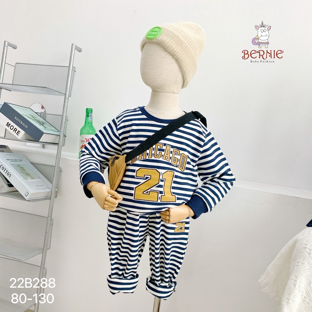 Bộ bé trai thu đông dài tay hoạ tiết kẻ cá tính, bộ thun bé trai tay dài Bernie