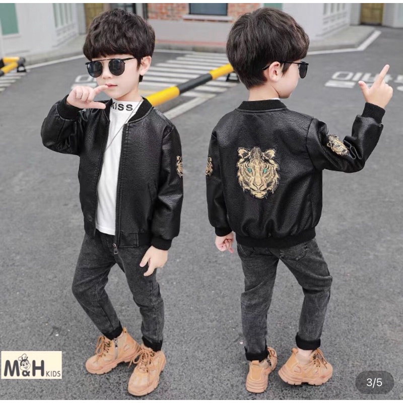 ÁO DA SẦN THÊU HÌNH MẶT HỔ CỰC NGẦU CHO BÉ TRAI 18-40kg ẢNH THẬT SHOP CHỤP