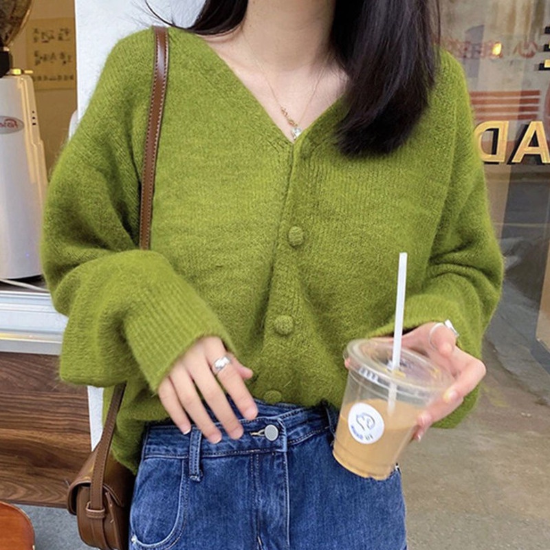 Áo dệt kim RENJIANVSHENG 206852 tay dài màu xanh lá phong cách retro Pháp thời trang cho nữ