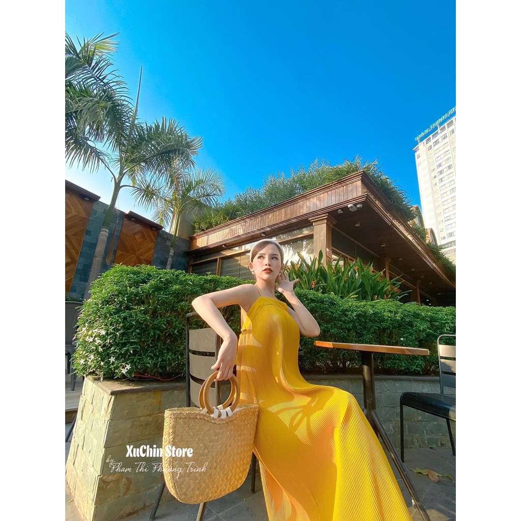 đầm maxi hai dây nơ lưng chất voan dập ly dày dặn thích hợp đi chơi ,du lịch ,đi biển cực xinh m345