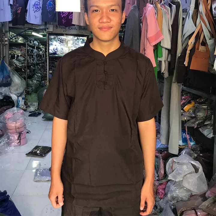 Bộ đồ lam nam đi chùa, Quần áo lam Phật tử nam đi chùa Giản dị kín đáo nẫu ba nút mã KAN01