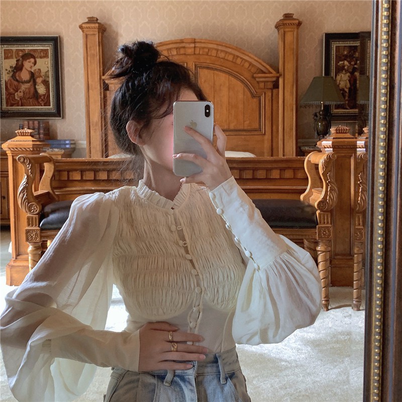 Áo sơ mi tay dài phối bèo nhún phong cách cổ điển kiểu Pháp | BigBuy360 - bigbuy360.vn