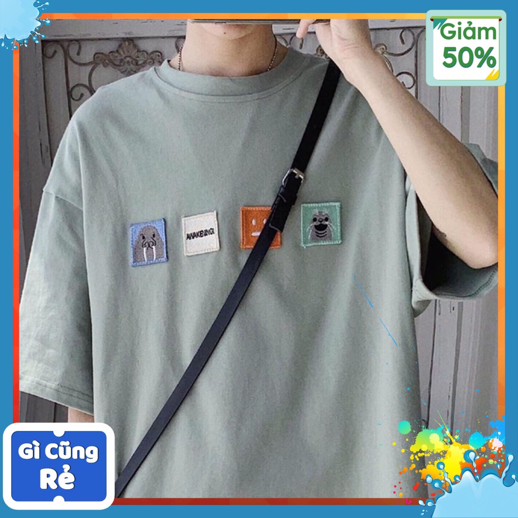 Áo thun tay lở form rộng,Áo phông nam nữ oversize thêu logo hình vuông - Unisex nam nữ đều mặc được