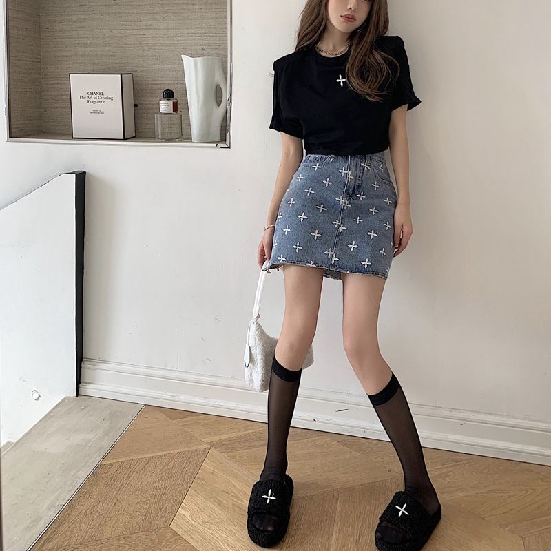 Jiashucheng Chân Váy Denim Chữ a Lưng Cao In Họa Tiết Thời Trang Mùa Hè Dành Cho Nữ