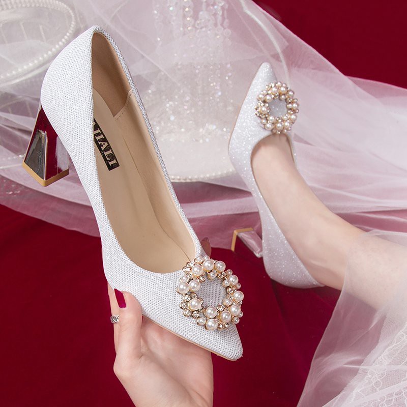 Wedding shoes women 2021 thick heel wedding bridal shoes sequin dress wedding crystal shoes pink hig