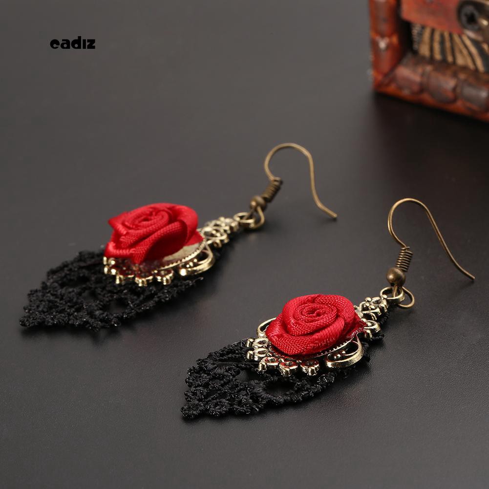Khuyên tai hoa hồng phối ren vintage cho nữ