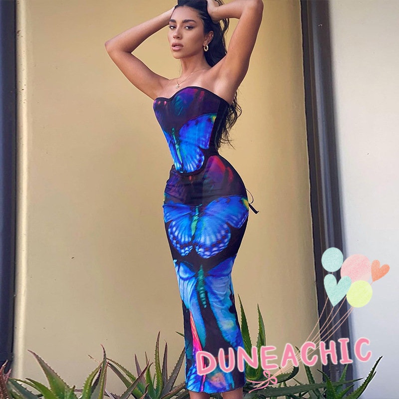 DUNEA Bộ đồ 2 món gồm áo ống in hình bướm và chân váy midi xinh xắn cho nữ