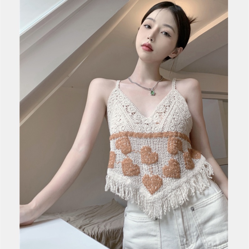 Áo Hai Dây Dệt Kim Cổ Chữ V Phối Tua Rua Quyến Rũ Cho Nữ