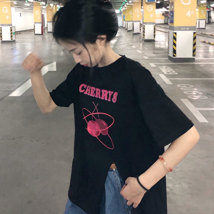 Áo thun tay ngắn dáng rộng xẻ tà thời trang mùa hè hàn quốc cho nữ áo phông nữ