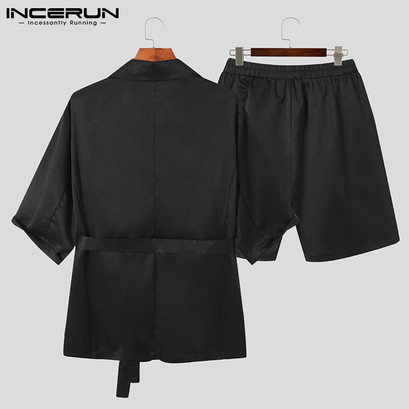 Set đồ INCERUN gồm áo khoác blazer ngắn tay và quần short màu trơn phối thắt lưng thời trang cho nam