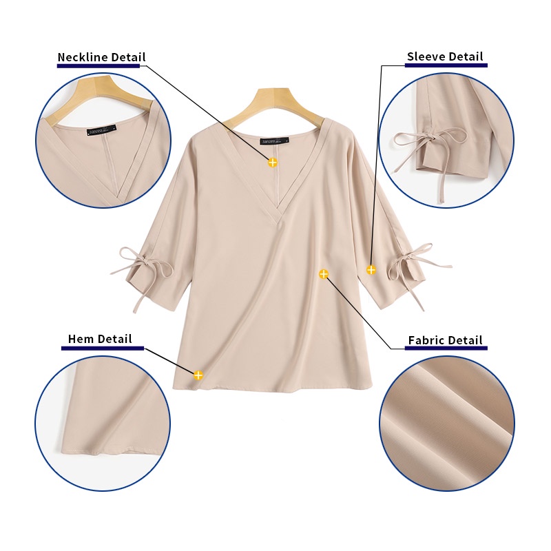 Áo ZANZEA tay 3/4 cổ chữ V màu trơn phong cách Hàn Quốc thời trang dành cho nữ