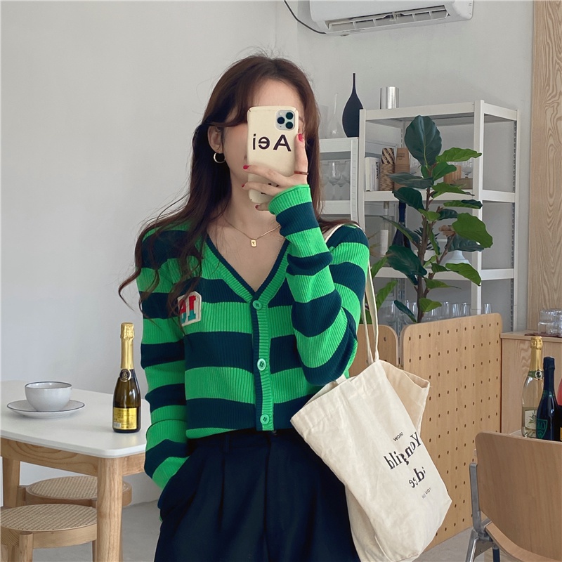 SUXI Áo Len Tay Dài Cổ Chữ V Họa Tiết Kẻ Sọc Phong Cách Retro Hàn Quốc