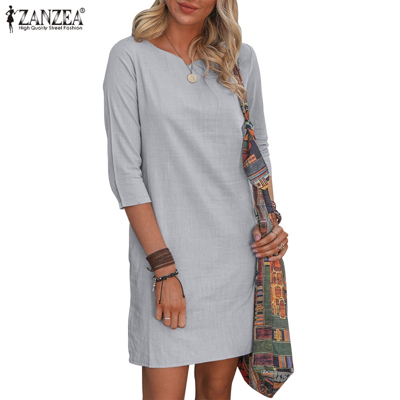 Đầm Chữ H Màu Trơn Tay 3 / 4 Thời Trang Nữ ZANZEA