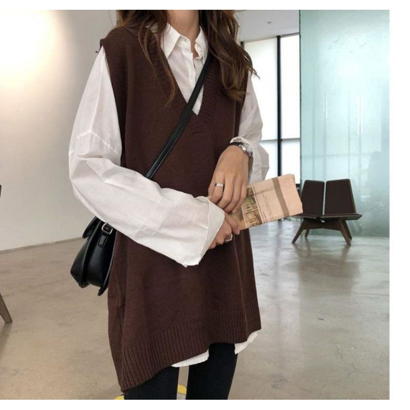 Sẵn Nâu(Hàng Đẹp)Ảnh thật 4 hình cuối- Áo gile len oversize Moss Queen Ulzzang | BigBuy360 - bigbuy360.vn