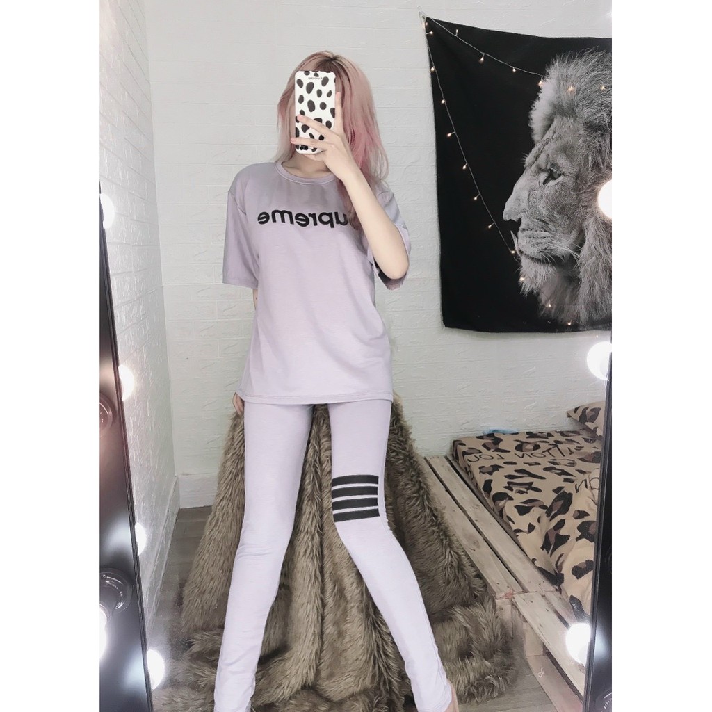 set bộ thể thao quần legging ôm dáng 4 sọc quần ảnh thật thun thái xinhh
