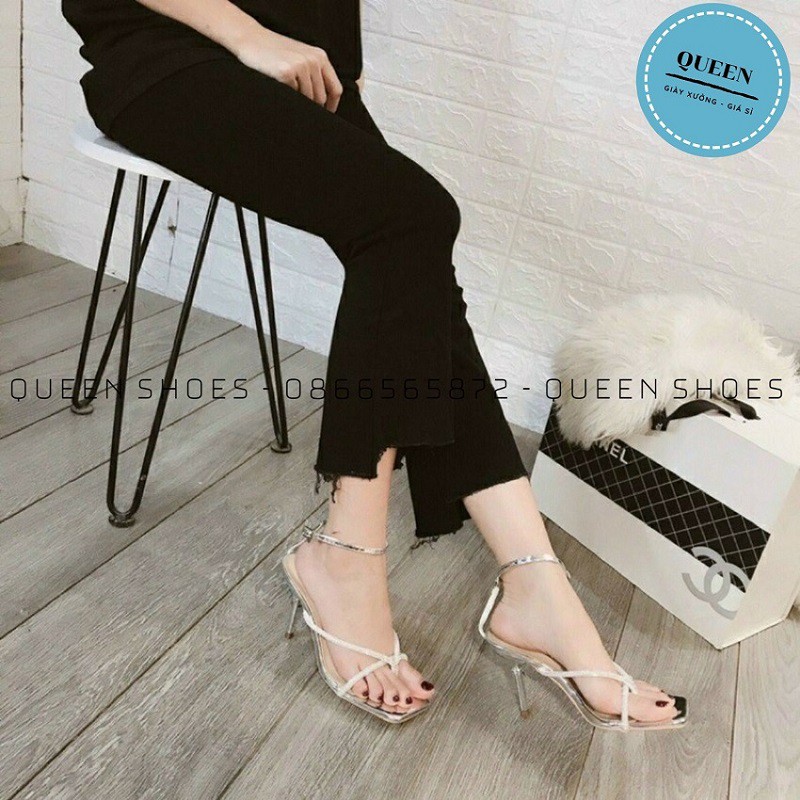 giày sandal nữ cao gót đế nhọn 9 phân quai mảnh xỏ ngón đính đá sang chảnh - SD43