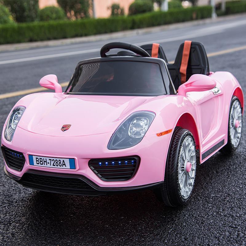 Xe ô tô điện trẻ em 4 bánh cho hai người lớn có thể ngồi trên nhỏ. đẩy cao và nhỏ màu hồng. Công suất