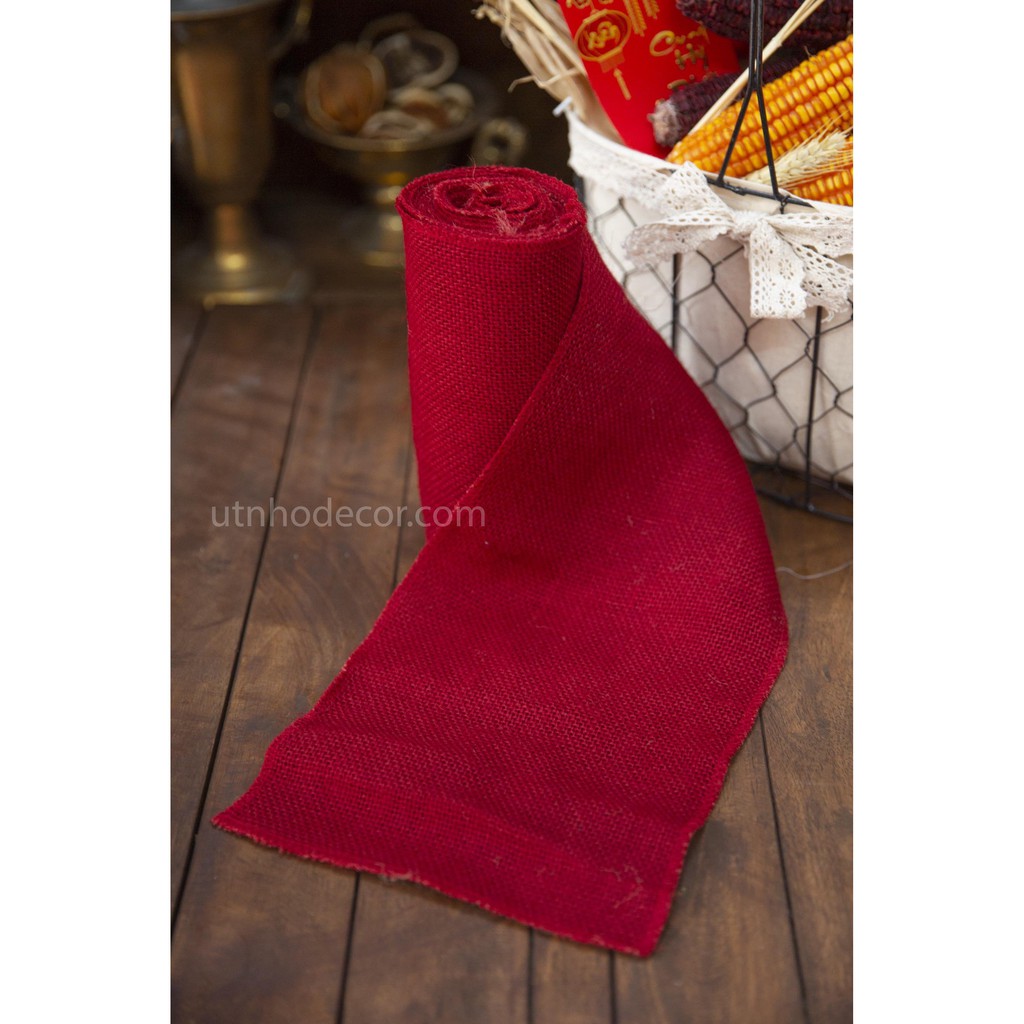 Ruy băng vải bố thô đỏ trơn chiều dài cuộn 5 mét