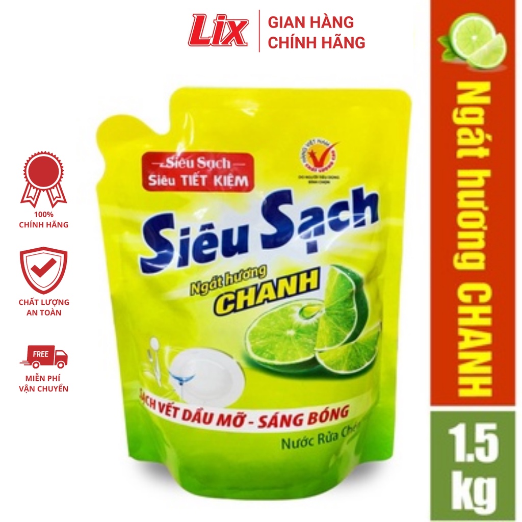 Túi nước rửa chén Siêu Sạch Lix 1.5Kg sạch bóng vết dầu mỡ tinh dầu gừng cam/ gừng sả thơm mát an toàn cho da tay - On1