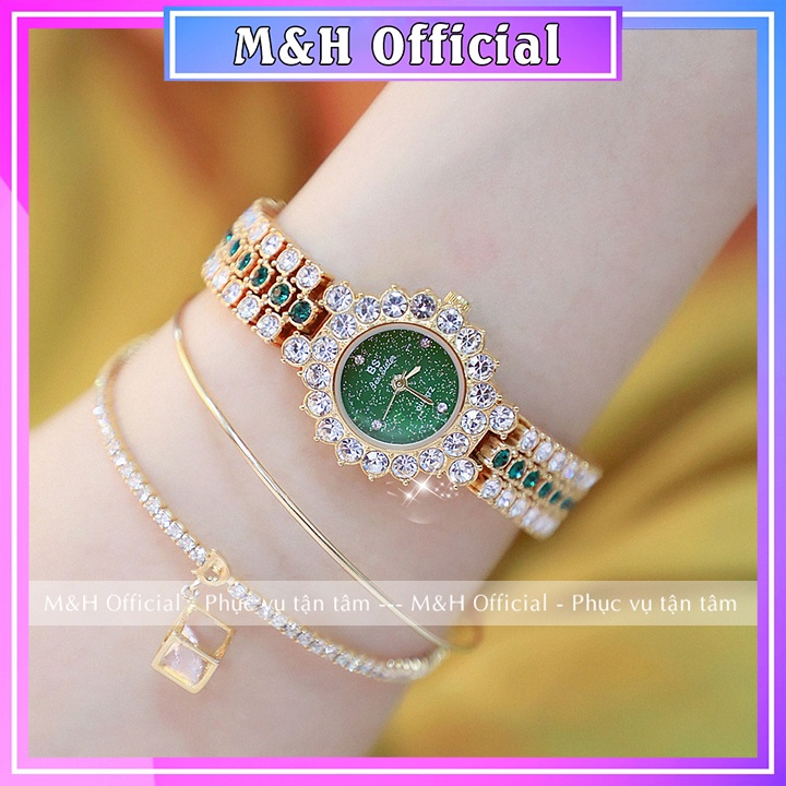 Đồng hồ đeo tay nữ Bs viền đính đá, mặt tròn nhỏ xinh, cao cấp cá tính, thời trang Hàn Quốc đẹp giá rẻ [Tặng hoa tai]