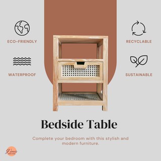 Tủ Đầu Giường Gỗ Tự Nhiên Vintage 3 Hộc Tủ - Mây Đan Mắt Cáo - JECRIS