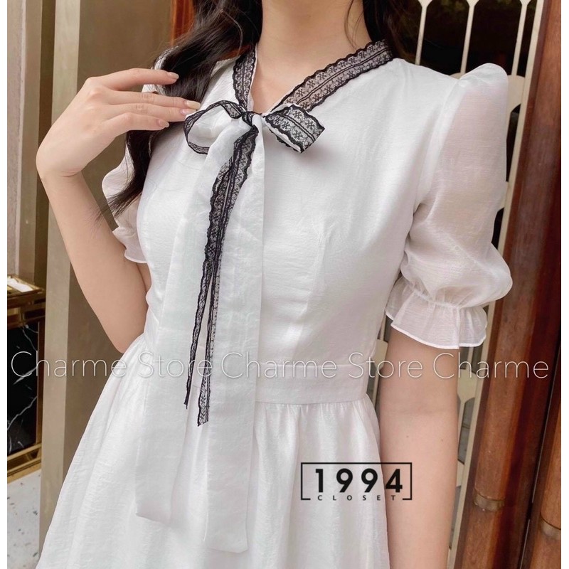 [ VTK88 ] VÁY TRẮNG TK CỔ PHA REN THẮT NƠ