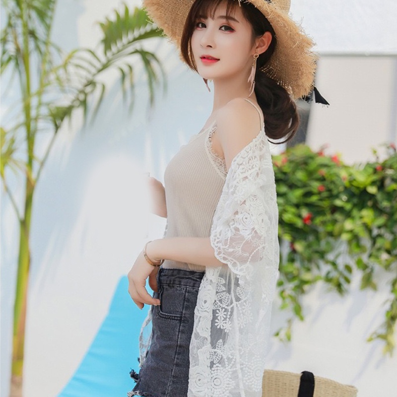 Brroa Áo Khoác Cardigan Ren Tay Lỡ 3 / 4 Thêu Hoa Mặc Ngoài Bikini Thời Trang Mùa Hè Cho Nữ