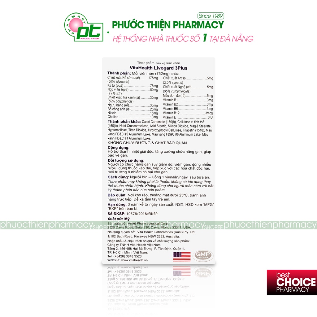 Viên uống bổ gan, thải độc gan, hỗ trợ viêm gan Mỹ VitaHealth Livogard 3Plus 60 Viên - thanh nhiệt mát gan bogan