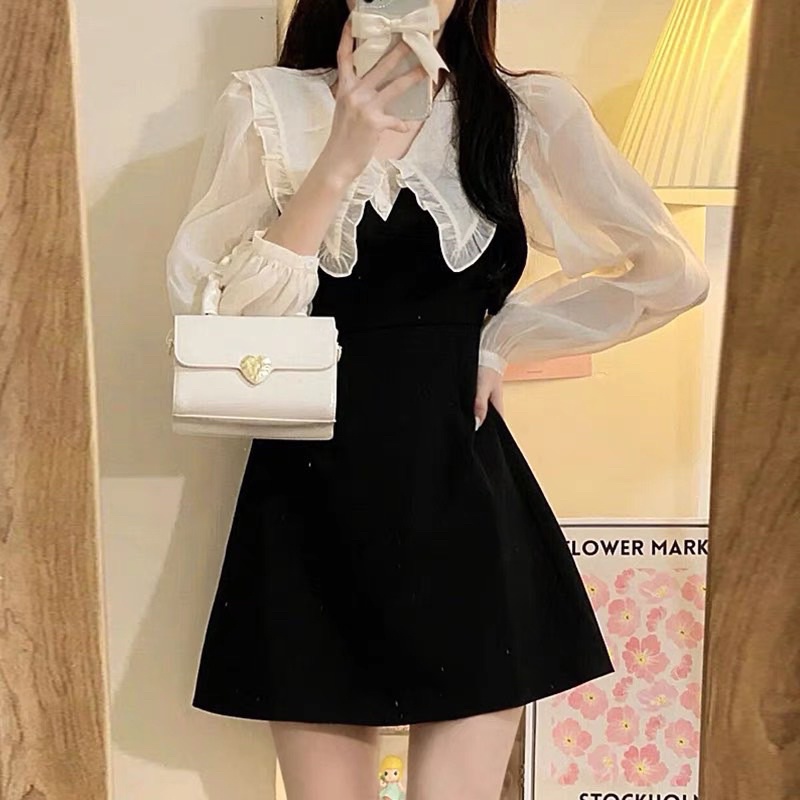 Váy phối tay voan 2 màu cổ bèo