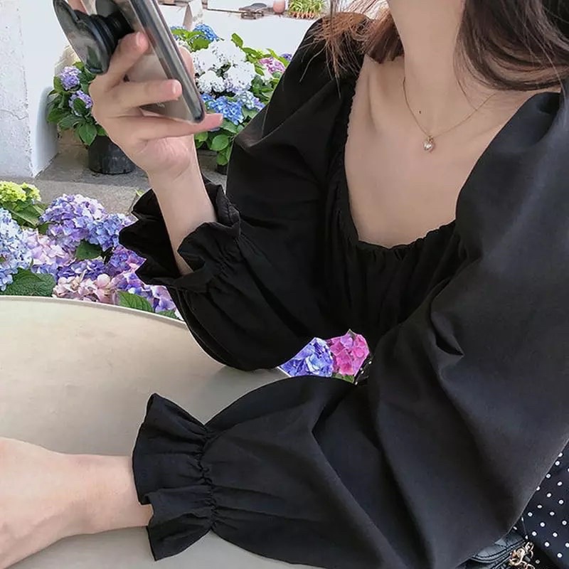 Áo hở lưng nơ tay phồng mùa hè áo Croptop cổ vuông xếp li thời trang