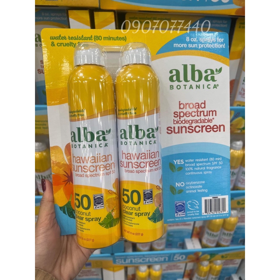 Xịt chống nắng Alba Botanica Hawaiian Sunscreen Coconut Clear Spray SPF50 đạt chuẩn FDA - EDS Hàng Mỹ