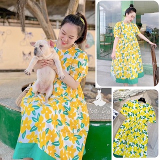   Ảnh sàn thật+video  Đầm babydoll thô suông cổ tròn hoa vàng cực xinh cho nàng đi chơi dạo phố 