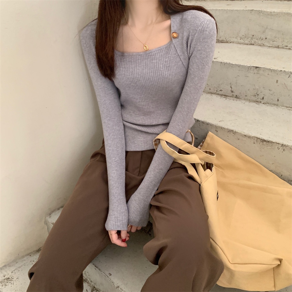 Áo sweater ZHELIHANGFEI tay dài cổ vuông hở xương quai xanh phong cách sang trọng dễ phối đồ