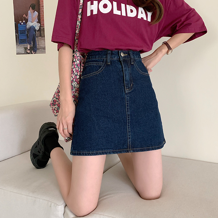 Chân Váy Denim Dáng Chữ A Lưng Cao Màu Xanh Đậm Phong Cách Hàn Quốc | BigBuy360 - bigbuy360.vn