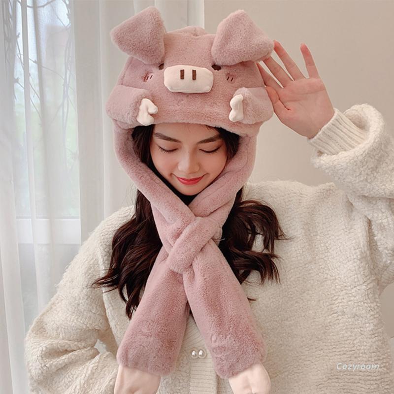 Mũ hình heo hoạt hình bằng lông nhung giữ ấm mùa đông cho gia đình