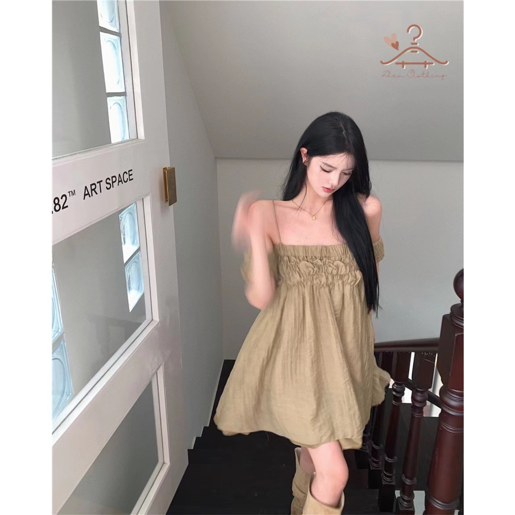 Váy đầm hai dây trễ vai nhún thun ngực dáng xoè ngắn nhẹ nhàng, sexy đi biển