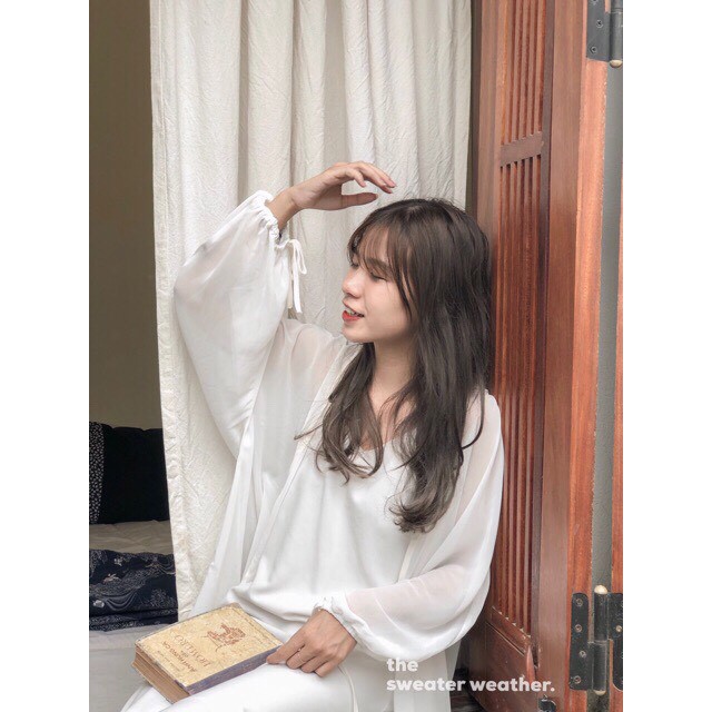 ÁO VOAN TRƠN TAY RÚT - ÁO KHOÁC CARDIGAN VOAN GIẤY THẮT NƠ TRẮNG ĐEN BASIC | BigBuy360 - bigbuy360.vn