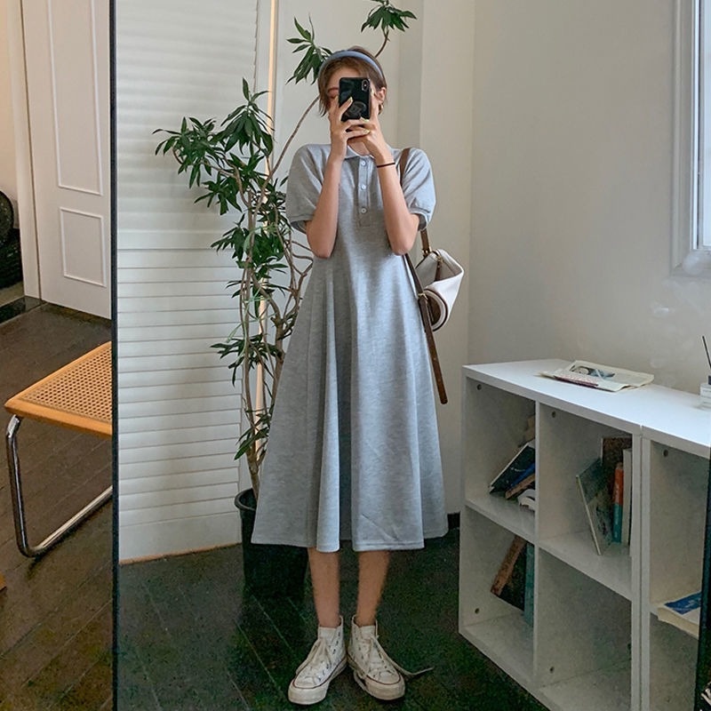 Đầm Tay Ngắn Phồng Cổ POLO Chiết Eo Phong Cách Pháp Thanh Lịch Hàng Mới