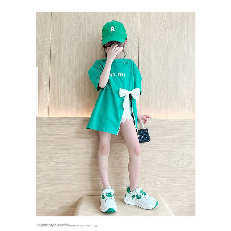 Áo Thun cotton Tay Ngắn Đính Nơ Thời Trang Mùa Hè Cho Bé Gái