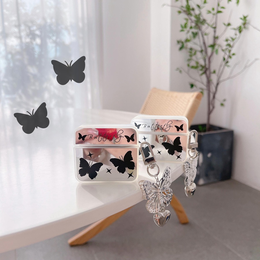 Vỏ Bảo Vệ Hộp Sạc Tai Nghe Bluetooth AirPods 1 2 pro 3 2021 gen3 Bằng Tpu Silicone Mềm Mặt Gương Hình Bướm Đen