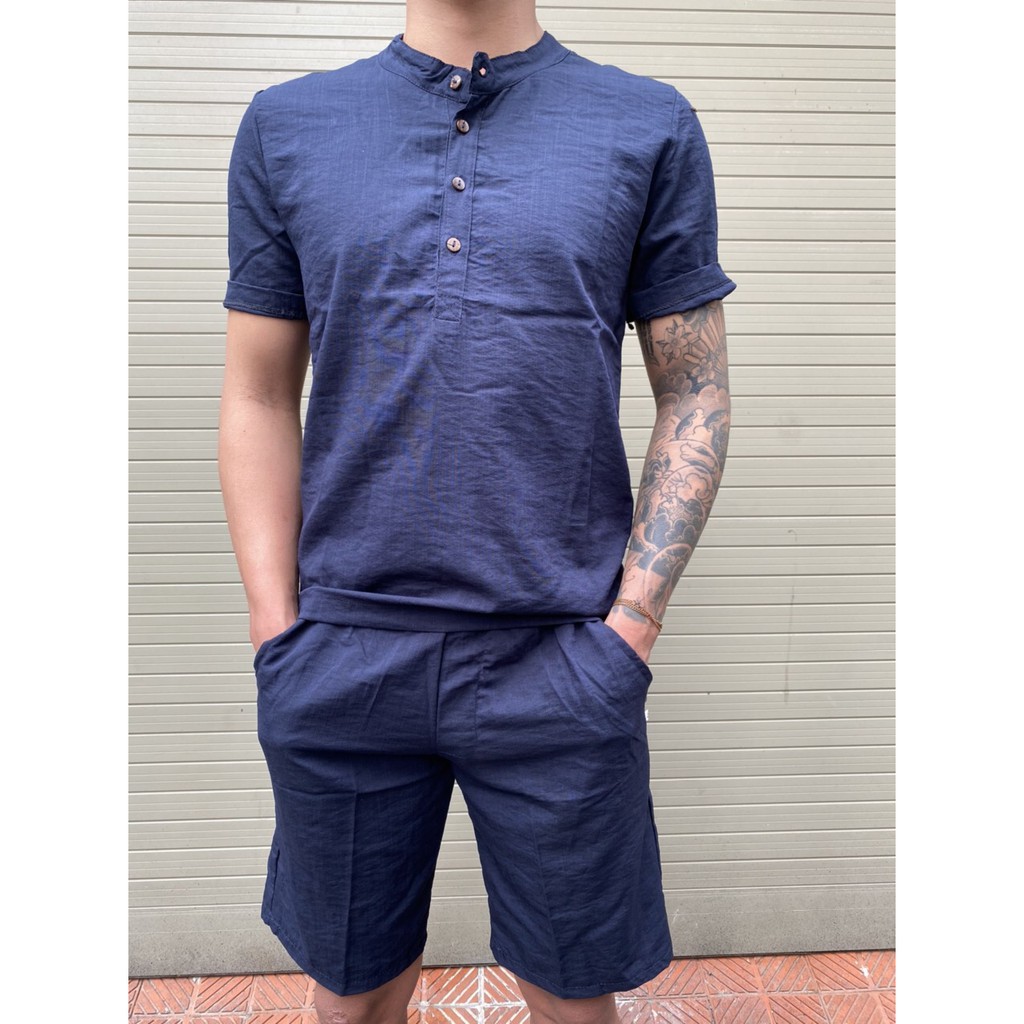 Bộ đũi nam cổ tàu 4 khuy cộc tay l bộ quần áo nam chất đũi đẹp - GUVADO BH22 | BigBuy360 - bigbuy360.vn
