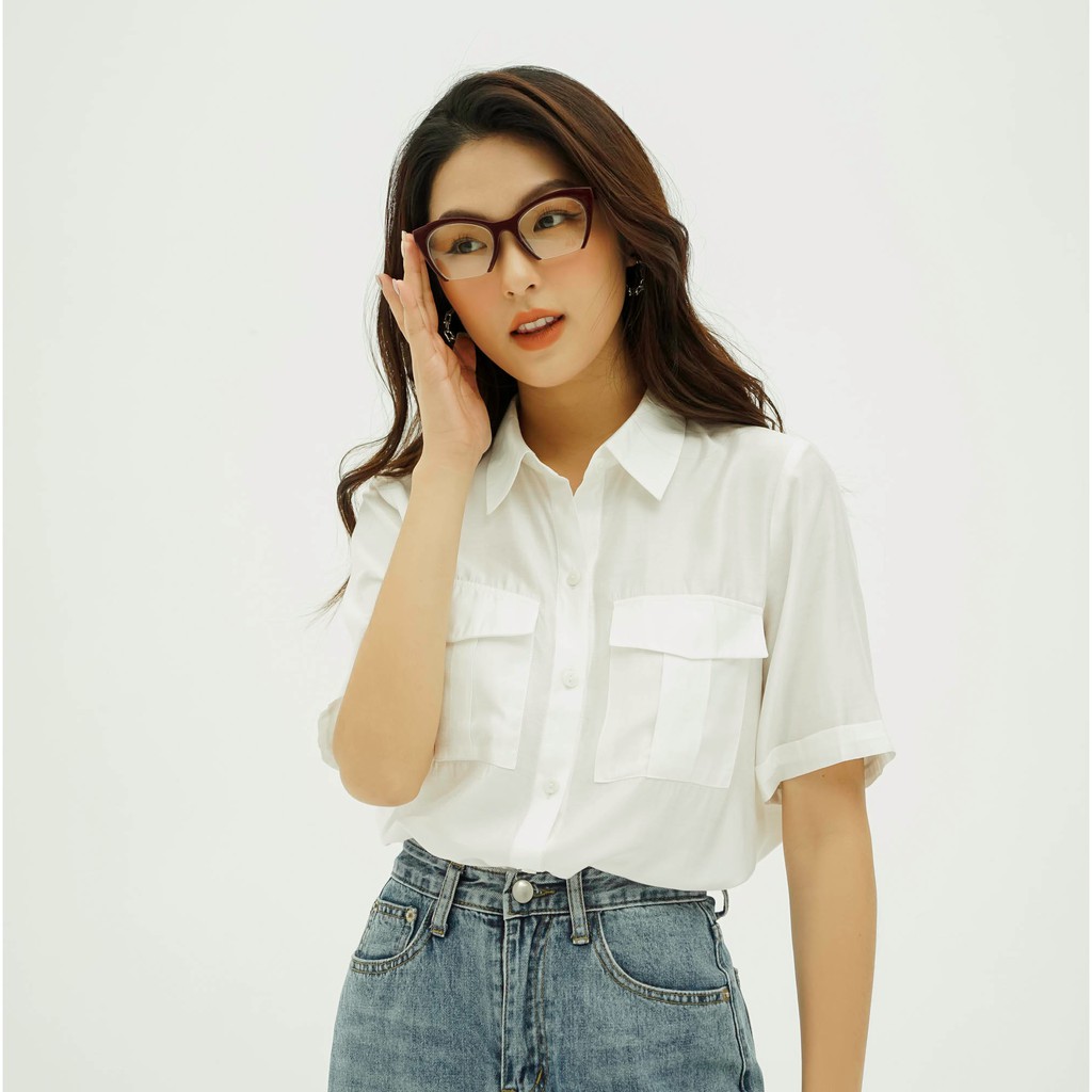 Áo sơ mi nữ công sở nữ Méo shop ngắn tay kiểu Hàn form rộng túi hộp Pocket shirt