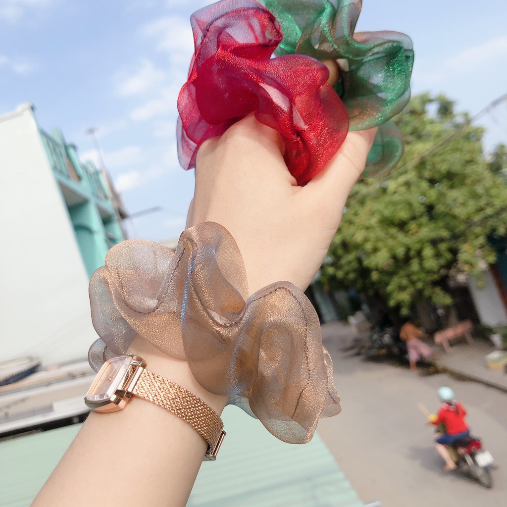 Đồ Cột Tóc Scrunchies Vải Von Ánh Kim Lấp Lánh Hai Ánh Mỏng Bồng Bềnh