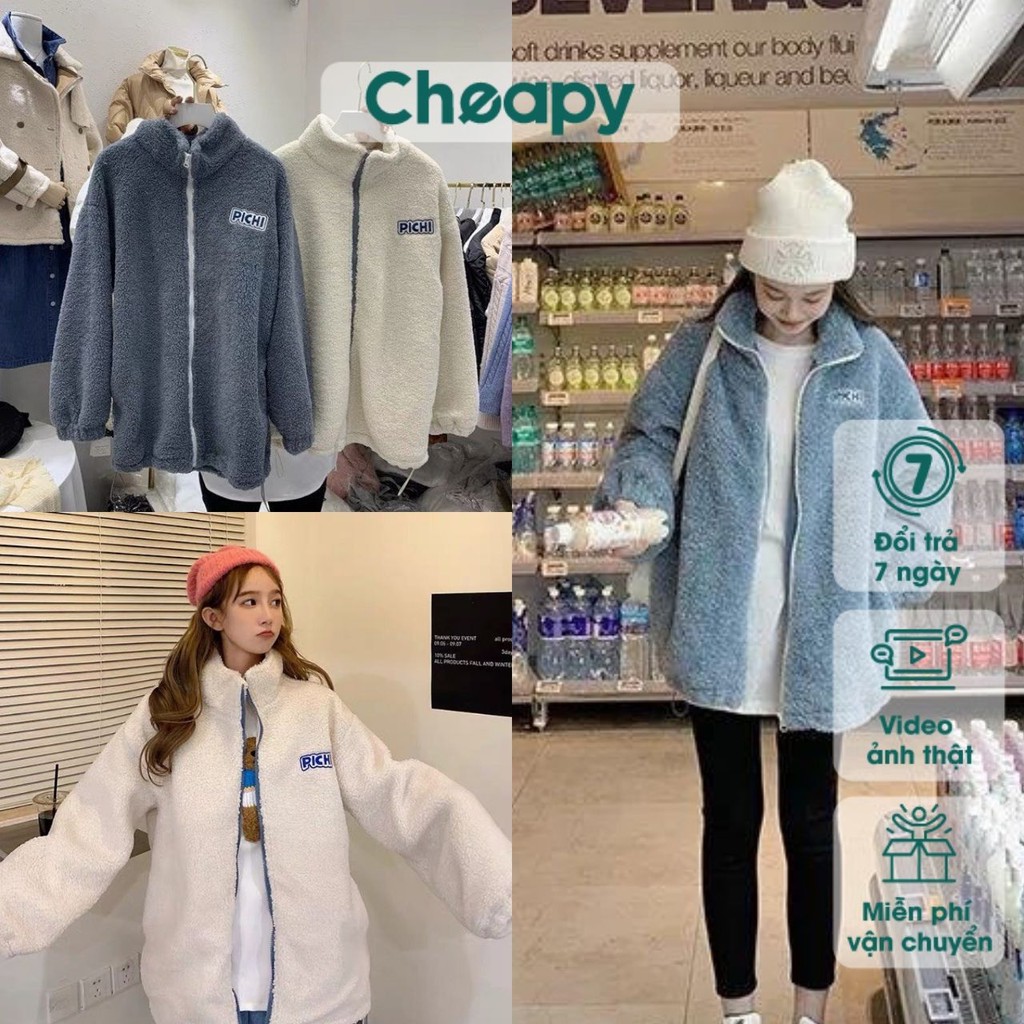 Áo khoác lông thêu chữ nam nữ Pichi cổ bẻ kéo khóa form rộng trắng xám freesize phong cách Hàn Quốc Cheapy C484