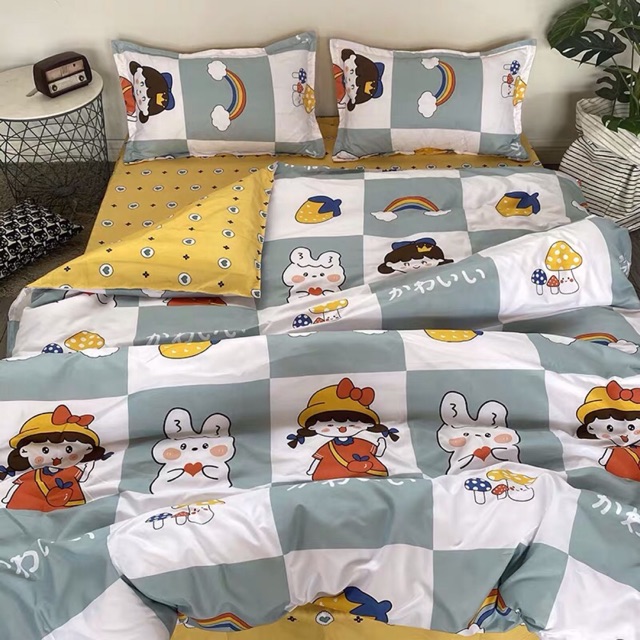Set Chăn Ga Cotton Poly Hoạt Hình Ngộ Nghĩnh Ga Vàng Hình Tim Lạ Cực Chất Shinbedding.shop