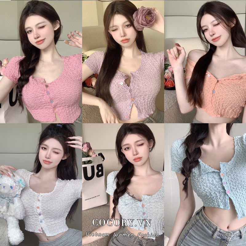 Cocory vn Áo Croptop Tay Ngắn Cổ Vuông Dáng Ôm Thời Trang Mùa Hè Quyến Rũ Cho Nữ