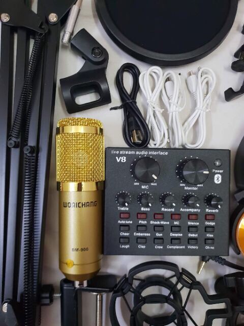 Combo mic hát livestream V8, Waichang BM900, chân kẹp màng lọc tặng kèm tai nghe 450- bảo hành 6 tháng đổi mới